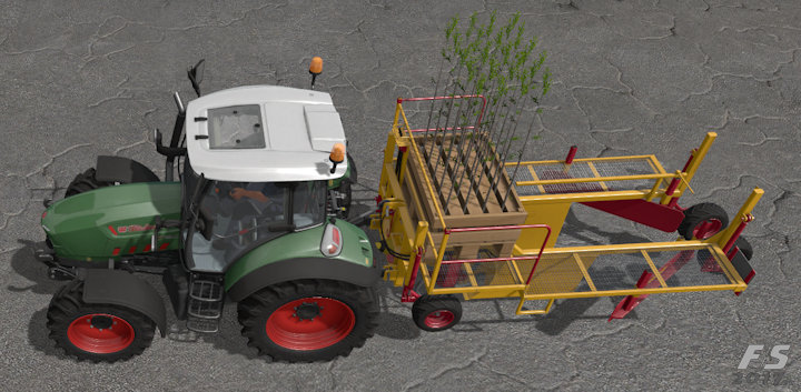 traktor s příslušenstvím na sázení stromů naplněným sazenicemi